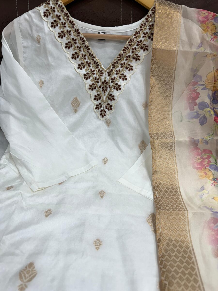 FASHIONABLE VISCOSE NYLON BUTTI EMBROIDERY WORK TOP BOTTOM WITH DUPATTA WHITE