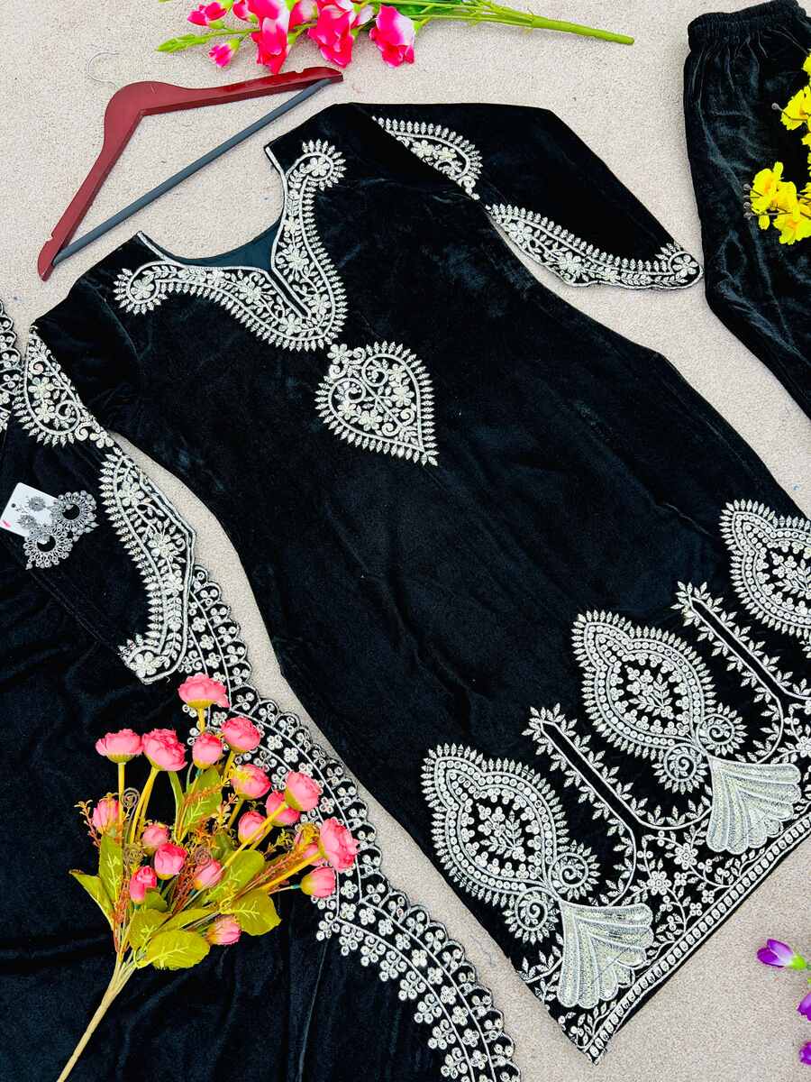 DESIGNER VELVET EMBROIDERY SEQUENCE WORK TOP BOTTOM WITH DUPATTA BLACK