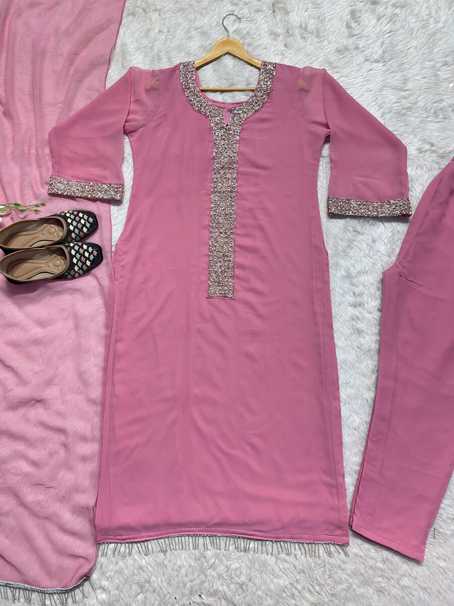 DESIGNER GEORGETTE REAL MOTI HAND WORK TOP BOTTOM WITH DUPATTA PINK